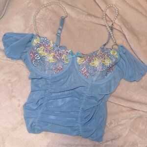 Blue Ruched Dress with Floral Embroidery